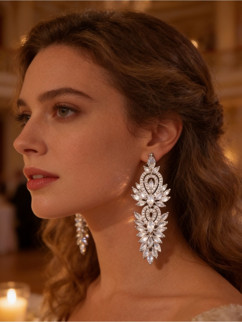 Marquise Bridal Chandelier Drop Earrings Sparkling Rhinestone Statement - White
